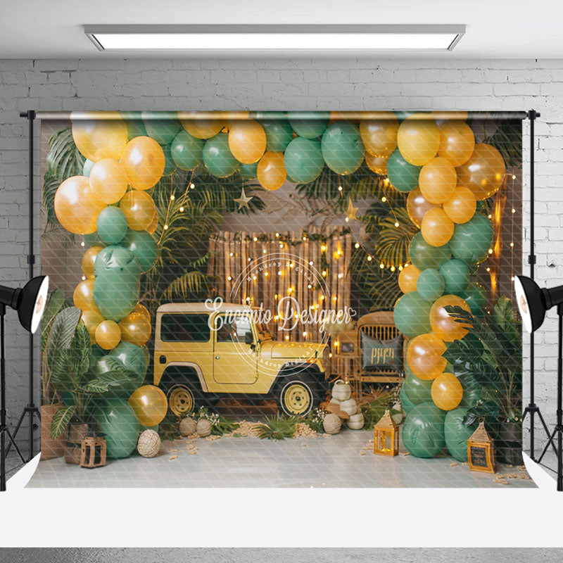 Aperturee - Green Leaves Car Balloons Cake Smash Paoto Backdrop