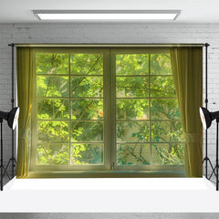 Aperturee - Green Leaves Curtain Window Spring Photo Backdrop