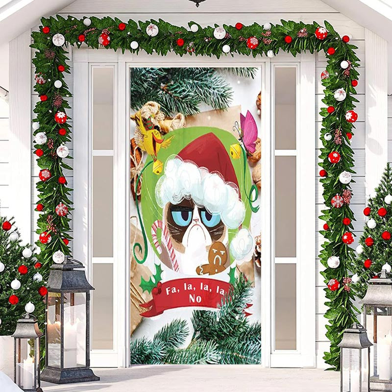 Aperturee - Green Leaves Cute Cat Merry Christmas Door Cover