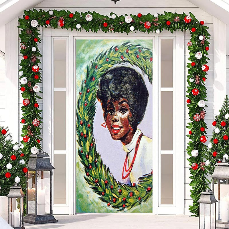 Aperturee - Green Leaves Elegant Woman Christmas Door Cover