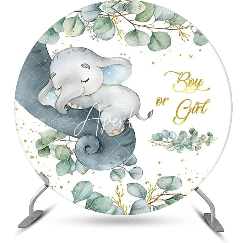 Aperturee - Green Leaves Elephant Round Baby Shower Backdrop