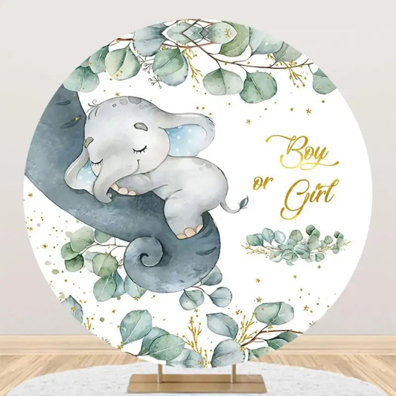 Aperturee - Green Leaves Elephant Round Baby Shower Backdrop