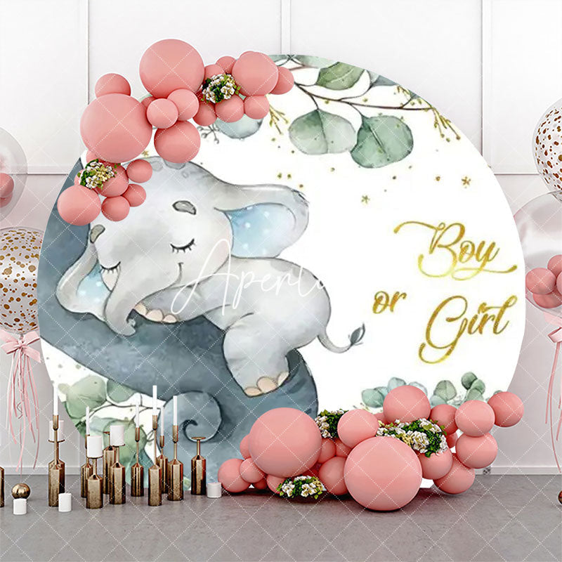 Aperturee - Green Leaves Elephant Round Baby Shower Backdrop