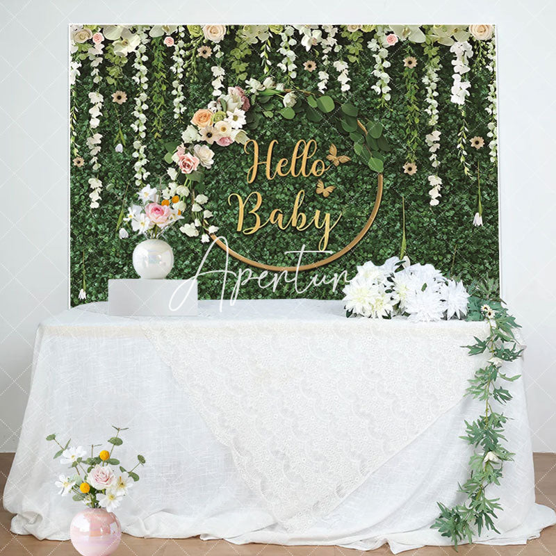 Aperturee - Green Leaves Flowers Hello Baby Shower Backdrop