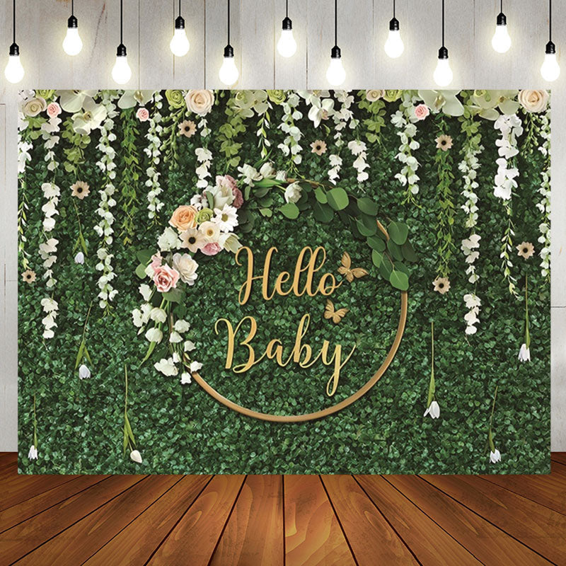 Aperturee - Green Leaves Flowers Hello Baby Shower Backdrop