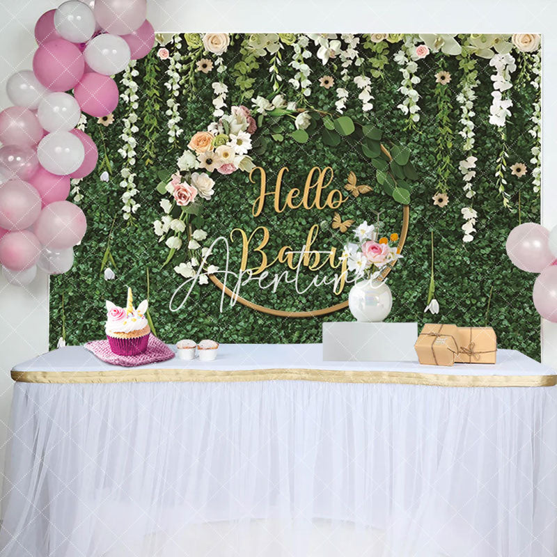 Aperturee - Green Leaves Flowers Hello Baby Shower Backdrop