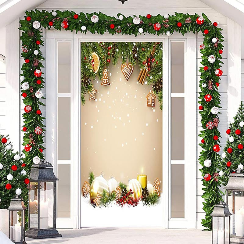 Aperturee - Green Leaves Gingerbread Snowy Christmas Door Cover