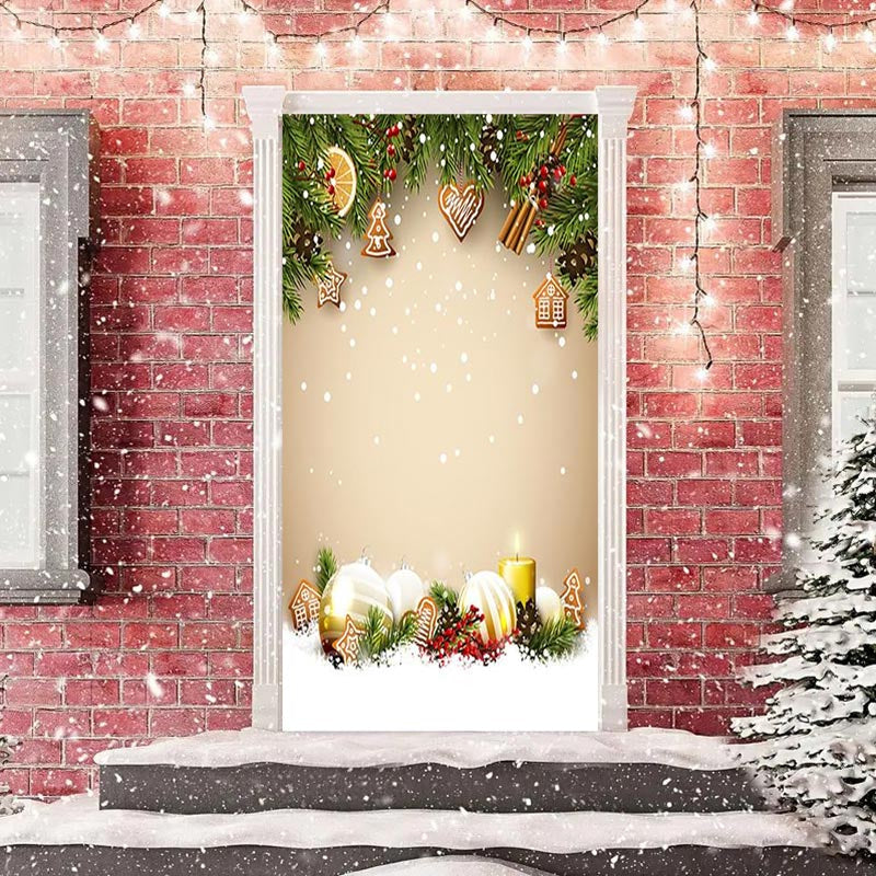 Aperturee - Green Leaves Gingerbread Snowy Christmas Door Cover