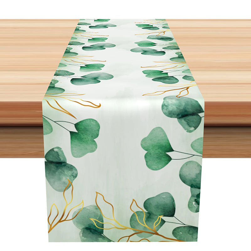 Aperturee - Green Leaves Gold Watercolor Fabric Table Runner