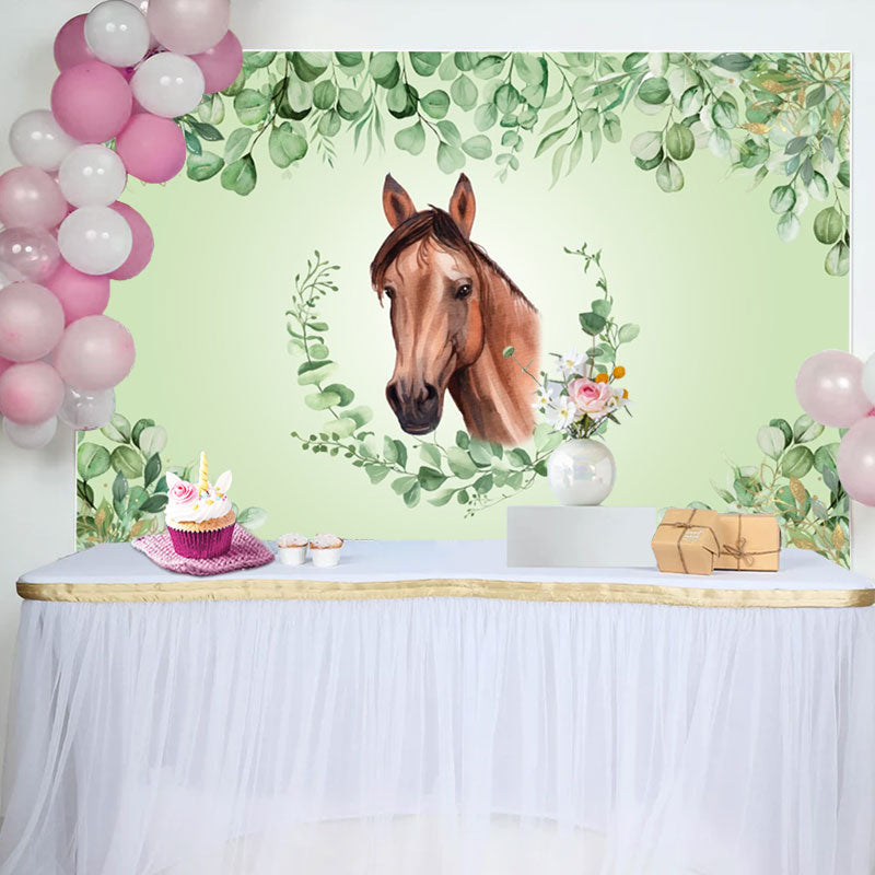 Aperturee - Green Leaves Horse Baby Shower Backdrop For Boy