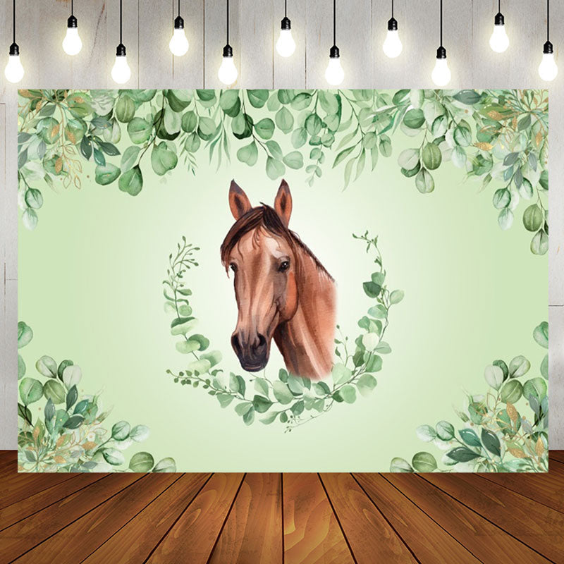 Aperturee - Green Leaves Horse Baby Shower Backdrop For Boy