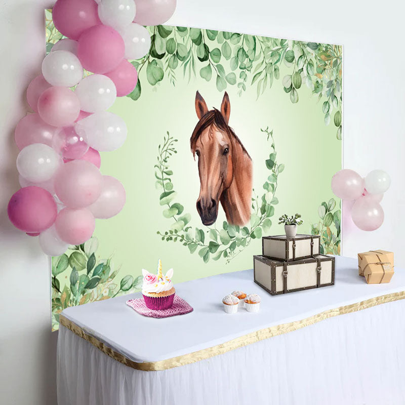 Aperturee - Green Leaves Horse Baby Shower Backdrop For Boy