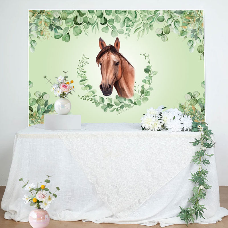 Aperturee - Green Leaves Horse Baby Shower Backdrop For Boy