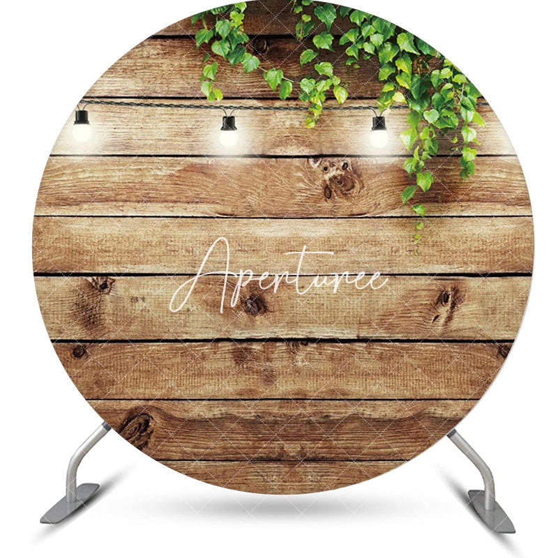 Aperturee - Green Leaves Light Wood Wall Round Birthday Backdrop