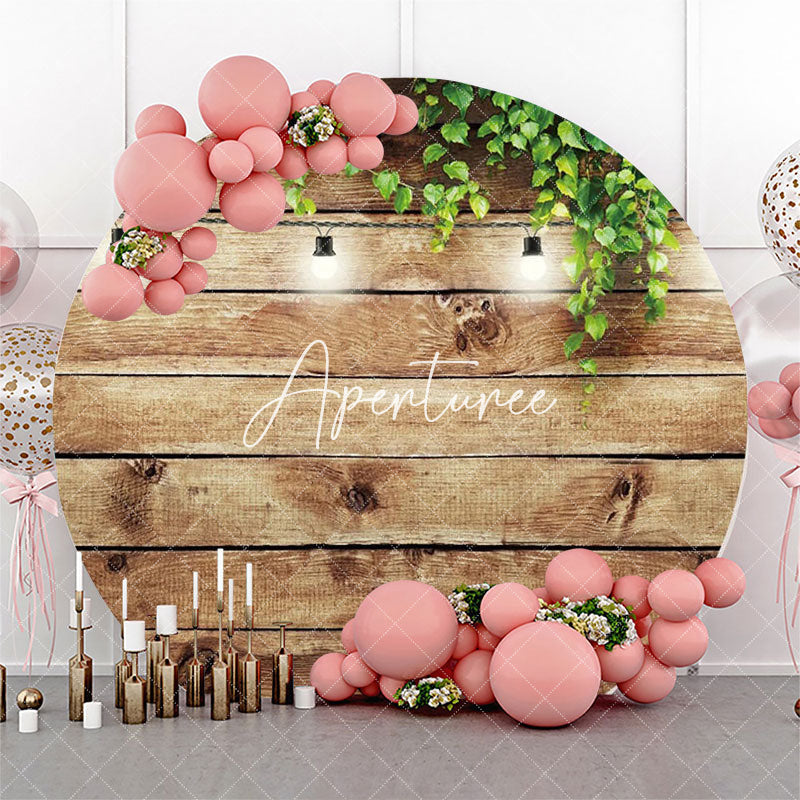 Aperturee - Green Leaves Light Wood Wall Round Birthday Backdrop