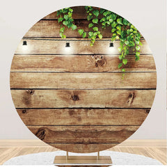 Aperturee - Green Leaves Light Wood Wall Round Birthday Backdrop