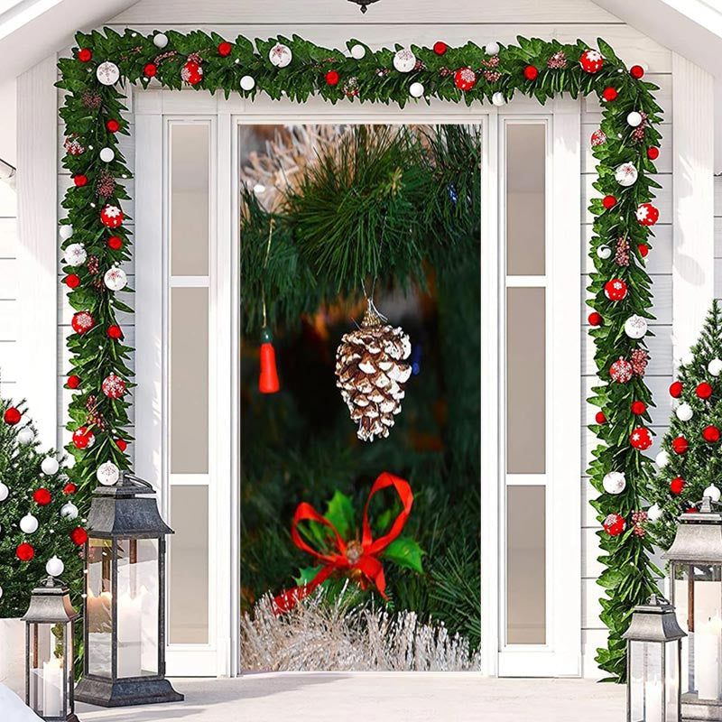 Aperturee - Green Leaves Pinecone Bokeh Christmas Door Cover