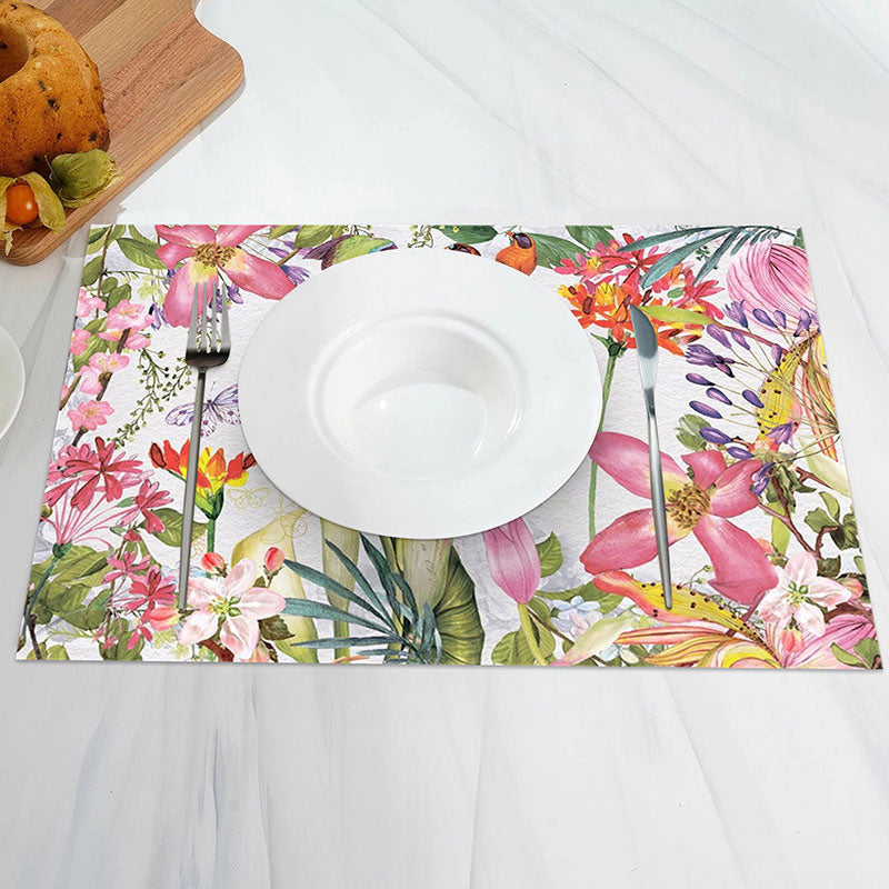 Aperturee - Green Leaves Pink Floral Spring Set Of 4 Placemats