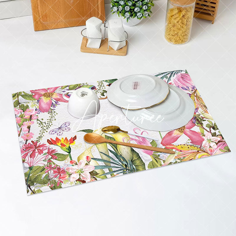 Aperturee - Green Leaves Pink Floral Spring Set Of 4 Placemats