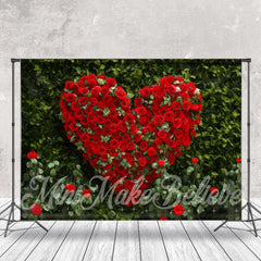 Aperturee - Green Leaves Red Heart Rose Valentines Day Backdrop