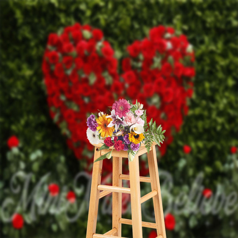 Aperturee - Green Leaves Red Heart Rose Valentines Day Backdrop