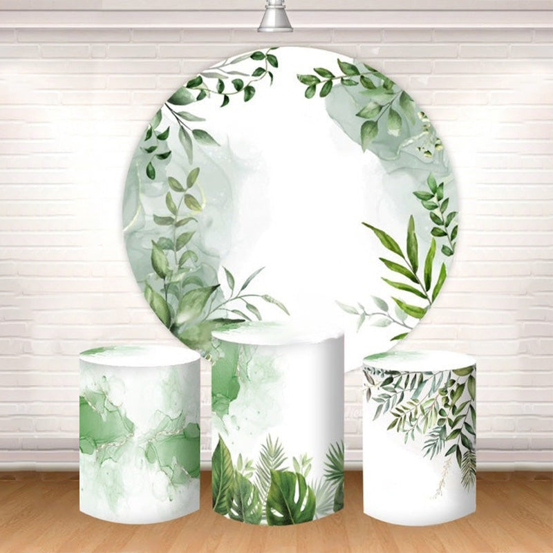 Aperturee Green Leaves White Boho Round Party Backdrop Kit