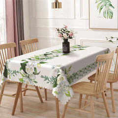 Aperturee - Green Leaves White Floral Fresh Rectangle Tablecloth