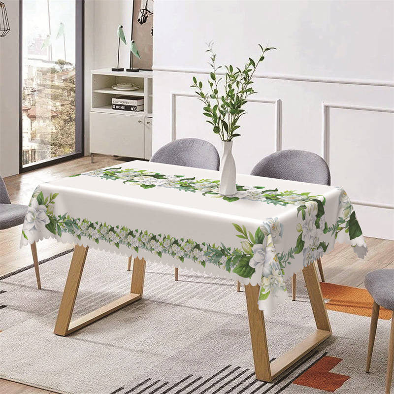 Aperturee - Green Leaves White Floral Fresh Rectangle Tablecloth