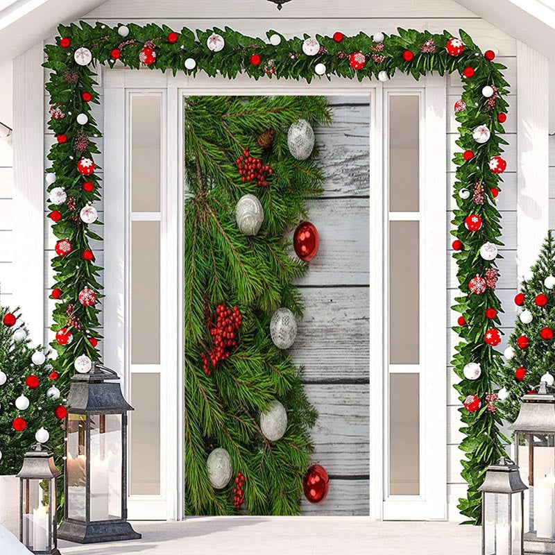 Aperturee - Green Leaves White Wooden Board Christmas Door Cover