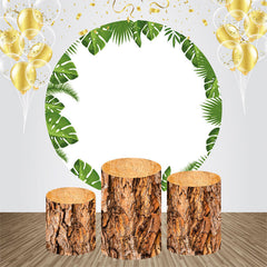 Aperturee - Green Leaves Wood Simple Round Birthday Backdrop Kit