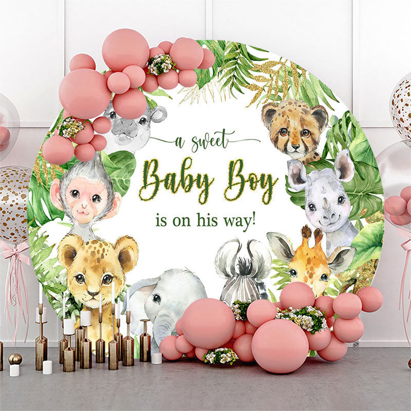 Aperturee - Green Monstera Animals Round Baby Shower Backdrop