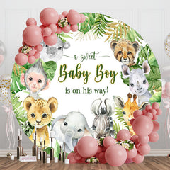 Aperturee - Green Monstera Animals Round Baby Shower Backdrop