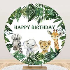 Aperturee - Green Monstera Animals Safari Round Birthday Backdrop