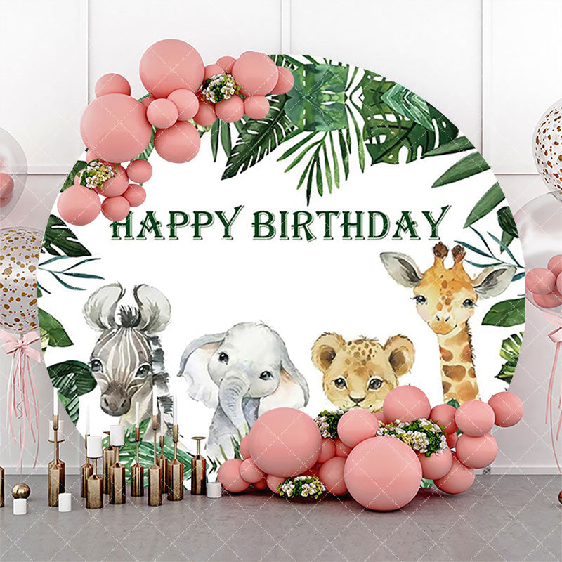 Aperturee - Green Monstera Animals Safari Round Birthday Backdrop