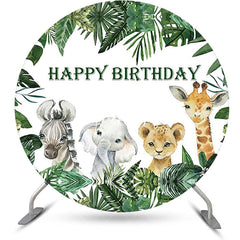 Aperturee - Green Monstera Animals Safari Round Birthday Backdrop