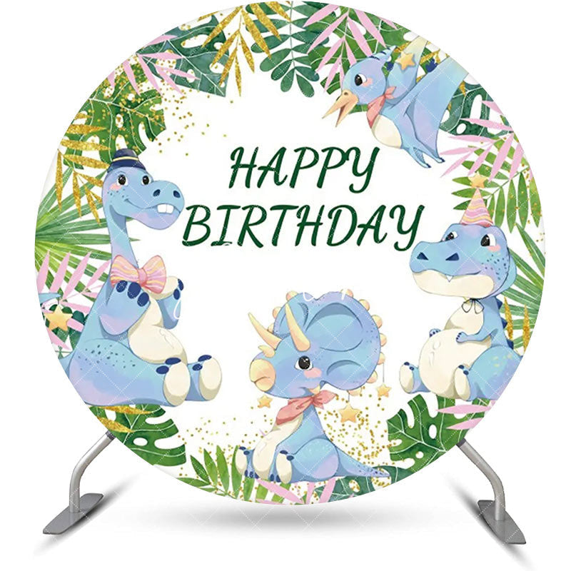 Aperturee - Green Monstera Blue Dinosaur Round Birthday Backdrop