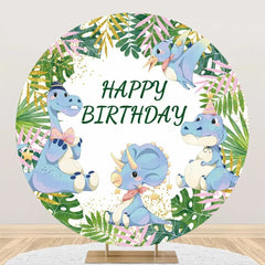 Aperturee - Green Monstera Blue Dinosaur Round Birthday Backdrop