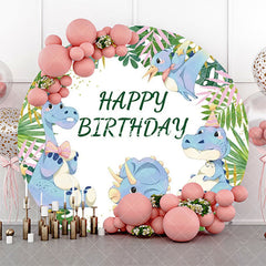 Aperturee - Green Monstera Blue Dinosaur Round Birthday Backdrop