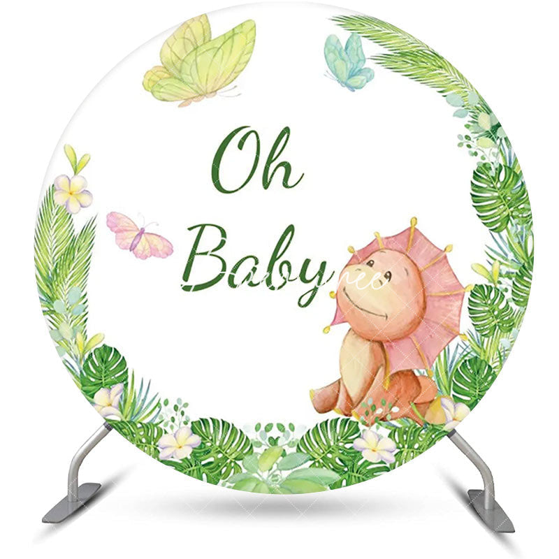 Aperturee - Green Monstera Dinosaur Round Baby Shower Backdrop