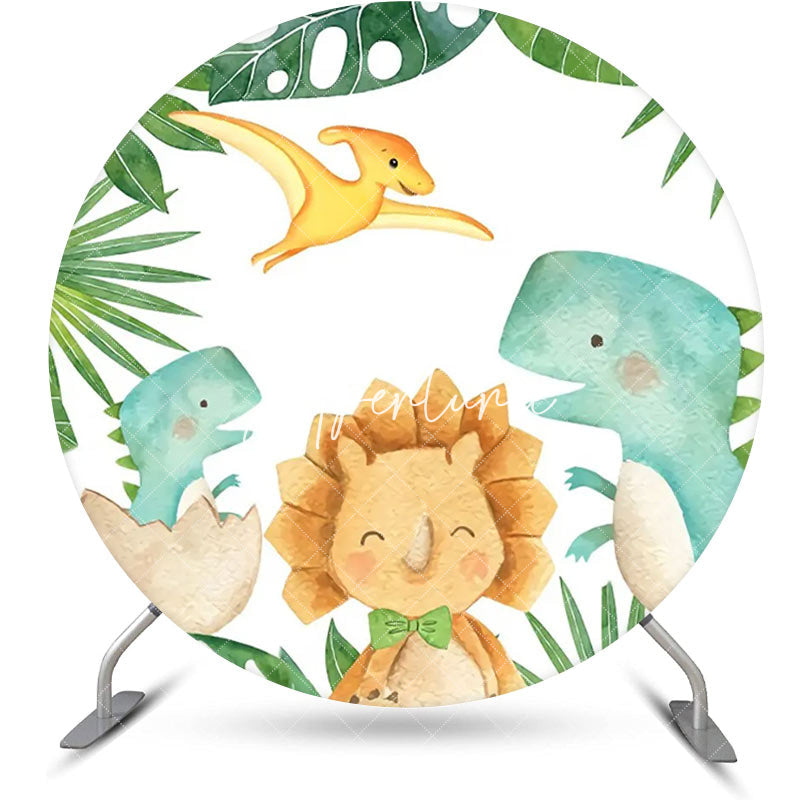 Aperturee - Green Monstera Dinosaurs Round Backdrop For Party