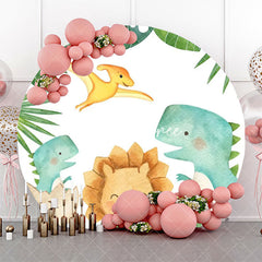 Aperturee - Green Monstera Dinosaurs Round Backdrop For Party