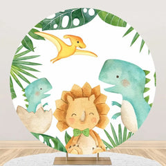 Aperturee - Green Monstera Dinosaurs Round Backdrop For Party