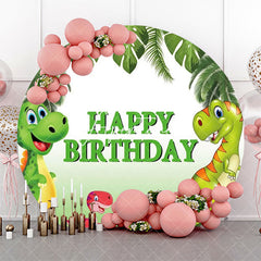 Aperturee - Green Monstera Dinosaurs Round Birthday Backdrop