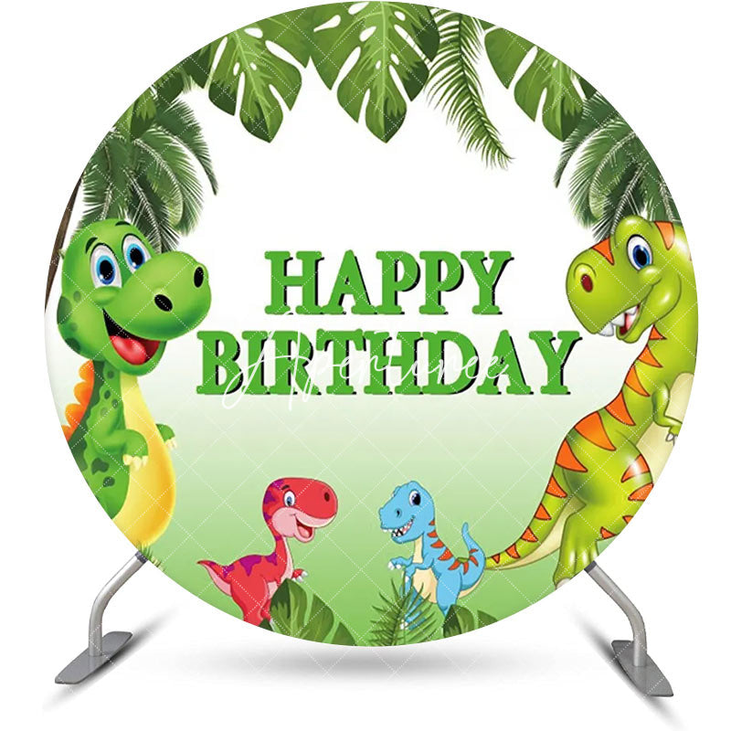 Aperturee - Green Monstera Dinosaurs Round Birthday Backdrop