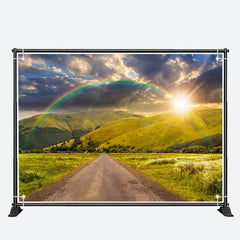 Aperturee - Green Mountains Sun Rainbow Road Spring Backdrop