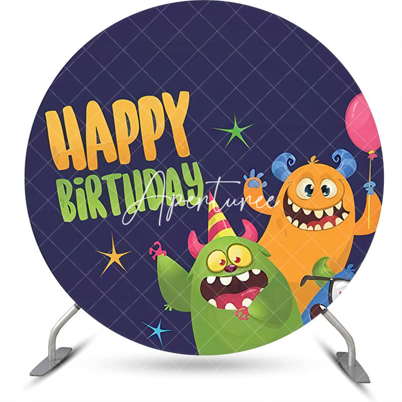 Aperturee - Green Orange Monster Star Round Birthday Backdrop