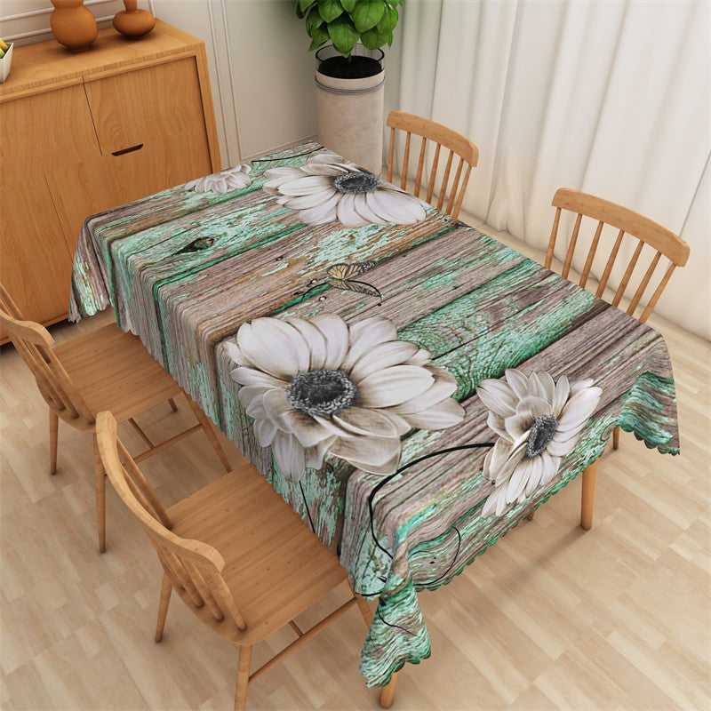 Aperturee - Green Paint Wood Board Floral Rectangle Tablecloth