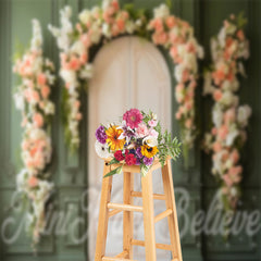 Aperturee - Green Palace Wall Door Pink White Floral Backdrop