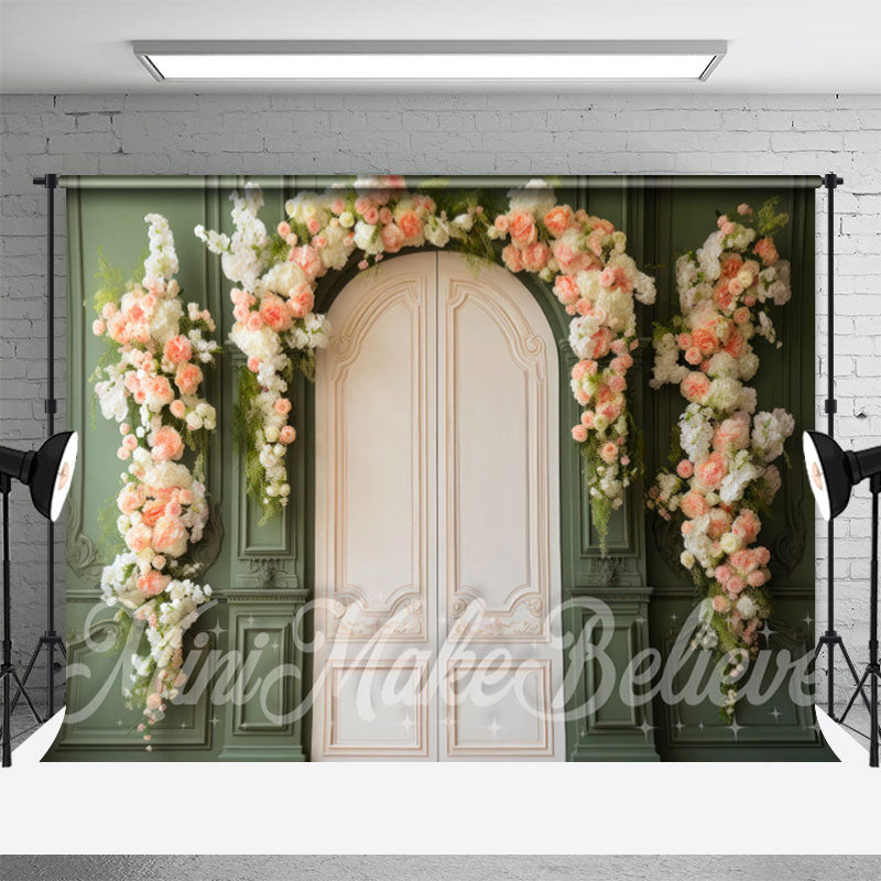 Aperturee - Green Palace Wall Door Pink White Floral Backdrop