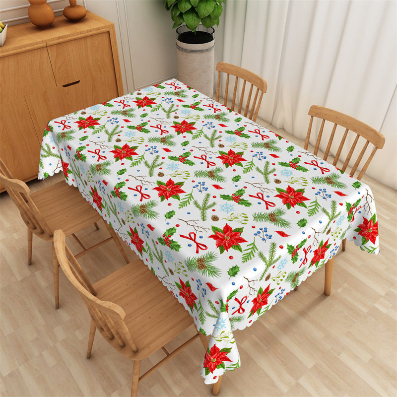 Aperturee - Green Pine Needles Red Floral Christmas Tablecloth